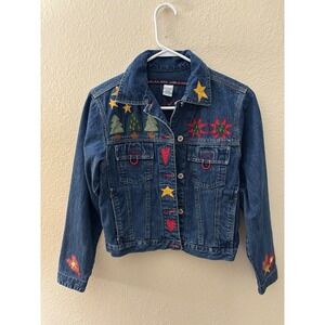 Vintage S B.U.M. Jeans Embroidered Denim Jacket Blue Stars Hearts Trees 
A928